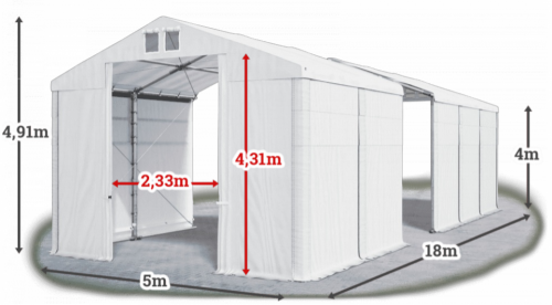 Skladový stan 5x18x4m střecha PVC 560g/m2 boky PVC 500g/m2 konstrukce ZIMA PLUS