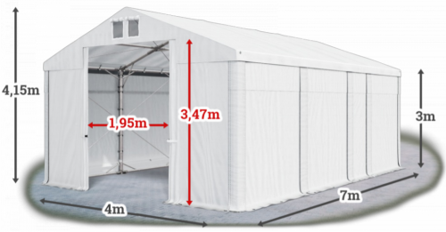 Skladový stan 4x7x3m střecha PVC 580g/m2 boky PVC 500g/m2 konstrukce POLÁRNÍ