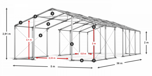 Skladový stan celoroční 5x36x2m nehořlavá plachta PVC 600g/m2 konstrukce ZIMA PLUS