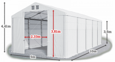 Skladový stan 5x10x3,5m střecha PVC 560g/m2 boky PVC 500g/m2 konstrukce ZIMA PLUS