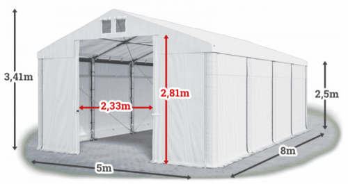 Skladový stan 5x8x2,5m střecha PVC 560g/m2 boky PVC 500g/m2 konstrukce ZIMA PLUS