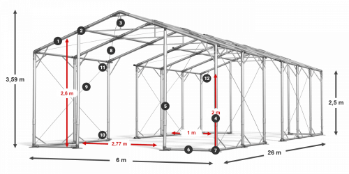 Skladový stan celoroční 6x26x2,5m nehořlavá plachta PVC 600g/m2 konstrukce POLÁRNÍ