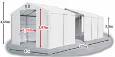 Skladový stan 4x20x3,5m střecha PVC 560g/m2 boky PVC 500g/m2 konstrukce POLÁRN