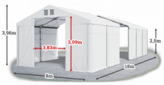 Skladový stan 8x18x2,5m střecha PVC 560g/m2 boky PVC 500g/m2 konstrukce ZIMA PLUS
