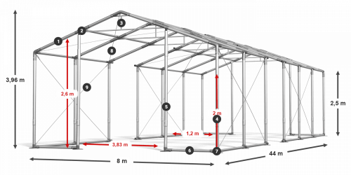 Skladový stan celoroční 8x44x2,5m nehořlavá plachta PVC 600g/m2 konstrukce ZIMA PLUS