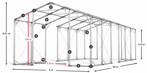 Skladový stan 5x50x3,5m strecha PVC 580g/m2 boky PVC 500g/m2 konštrukcia POLÁRNA