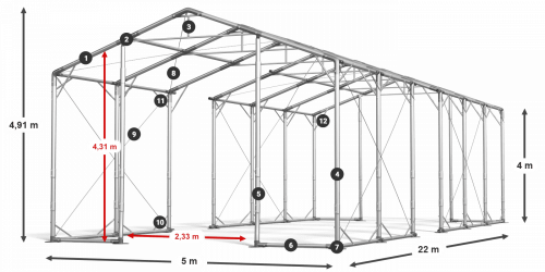 Skladový stan 5x22x4m strecha PVC 580g/m2 boky PVC 500g/m2 konštrukcia POLÁRNA