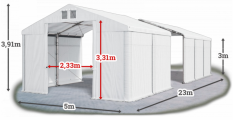 Skladový stan 5x23x3m strecha PVC 580g/m2 boky PVC 500g/m2 konštrukcie ZIMA PLUS