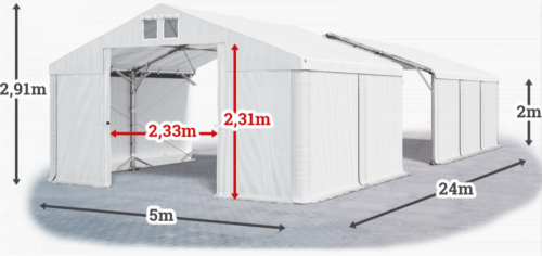Skladový stan 5x24x2m strecha PVC 560g/m2 boky PVC 500g/m2 konštrukcia POLÁRNA PLUS