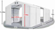 Skladový stan 8x18x4m střecha PVC 560g/m2 boky PVC 500g/m2 konstrukce POLÁRNÍ PLUS