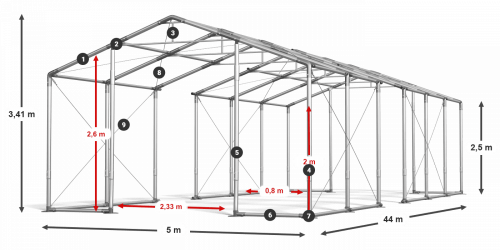Skladový stan celoroční 5x44x2,5m nehořlavá plachta PVC 600g/m2 konstrukce ZIMA PLUS