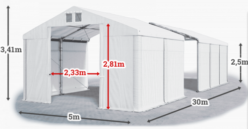 Skladový stan 5x30x2,5m strecha PVC 560g/m2 boky PVC 500g/m2 konštrukcie ZIMA PLUS
