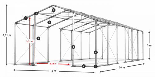 Párty stan 5x50x3m střecha PVC 620g/m2 boky PVC 620g/m2 konstrukce ZIMA PLUS