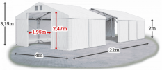 Skladový stan 4x22x2m střecha PVC 560g/m2 boky PVC 500g/m2 konstrukce POLÁRNÍ PLUS