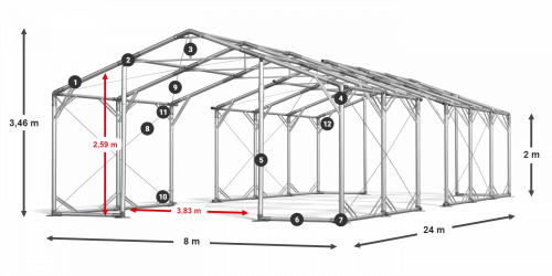 Skladový stan 8x24x2m střecha PVC 620g/m2 boky PVC 620g/m2 konstrukce POLÁRNÍ PLUS