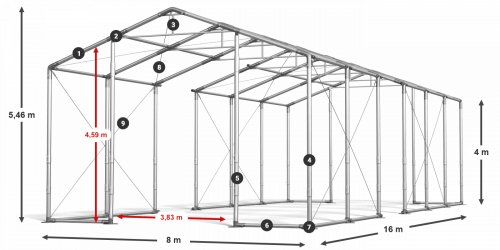 Skladový stan 8x16x4m strecha PVC 620g/m2 boky PVC 620g/m2 konštrukcia ZIMA PLUS