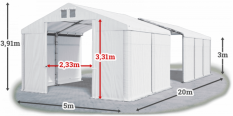 Skladový stan 5x20x3m střecha PVC 620g/m2 boky PVC 620g/m2 konstrukce ZIMA