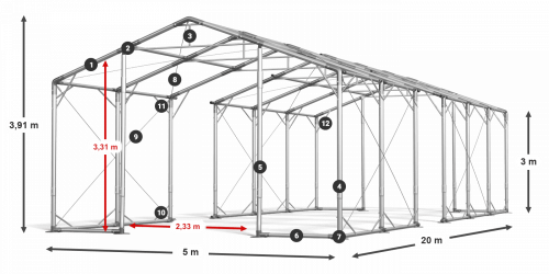 Skladový stan 5x20x3m střecha PVC 580g/m2 boky PVC 500g/m2 konstrukce POLÁRNÍ
