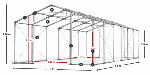 Skladový stan celoroční 8x58x2,5m nehořlavá plachta PVC 600g/m2 konstrukce ZIMA PLUS