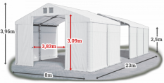 Skladový stan 8x23x2,5m střecha PVC 580g/m2 boky PVC 500g/m2 konstrukce ZIMA