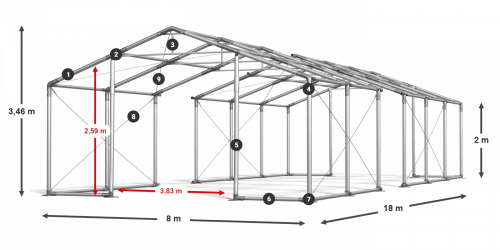 Párty stan 8x18x2m strecha PVC 620g/m2 boky PVC 620g/m2 konštrukcia ZIMA PLUS