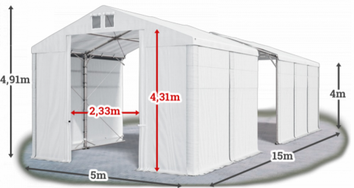 Skladový stan 5x15x4m střecha PVC 580g/m2 boky PVC 500g/m2 konstrukce POLARNÍ