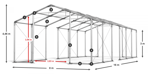 Párty stan 8x16x3m střecha PVC 560g/m2 boky PVC 500g/m2 konstrukce ZIMA PLUS