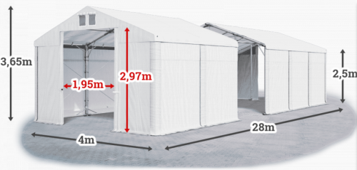 Skladový stan 4x28x2,5m střecha PVC 620g/m2 boky PVC 620g/m2 konstrukce POLÁRNÍ