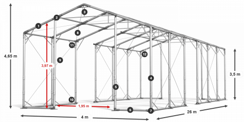 Skladový stan 4x26x3,5m střecha PVC 580g/m2 boky PVC 500g/m2 konstrukce POLÁRNÍ
