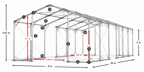 Skladový stan celoroční 5x52x3m nehořlavá plachta PVC 600g/m2 konstrukce POLÁRNÍ