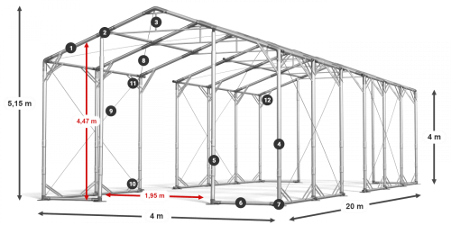 Skladový stan 4x20x4m strecha PVC 620g/m2 boky PVC 620g/m2 konštrukcia POLÁRNA PLUS