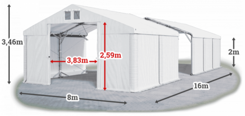 Skladový stan 8x16x2m střecha PVC 560g/m2 boky PVC 500g/m2 konstrukce POLÁRNÍ PLUS