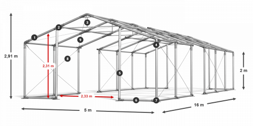 Párty stan 5x16x2m střecha PVC 620g/m2 boky PVC 620g/m2 konstrukce ZIMA PLUS