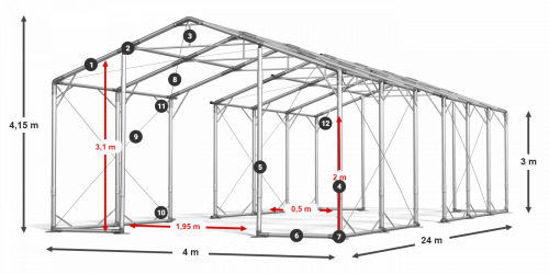 Skladový stan celoroční 4x24x3m nehořlavá plachta PVC 600g/m2 konstrukce POLÁRNÍ