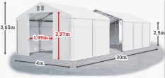 Skladový stan 4x30x2,5m strecha PVC 560g/m2 boky PVC 500g/m2 konštrukcia POLÁRNA PLUS