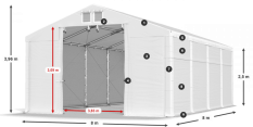 Skladový stan 8x8x2,5m střecha PVC 620g/m2 boky PVC 620g/m2 konstrukce ZIMA PLUS