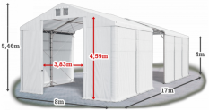 Skladový stan 8x17x4m strecha PVC 580g/m2 boky PVC 500g/m2 konštrukcia POLÁRNA