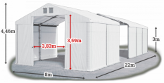 Skladový stan 8x22x3m strecha PVC 560g/m2 boky PVC 500g/m2 konštrukcia ZIMA