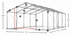 Párty stan 4x8x2m střecha PVC 560g/m2 boky PVC 500g/m2 konstrukce ZIMA PLUS