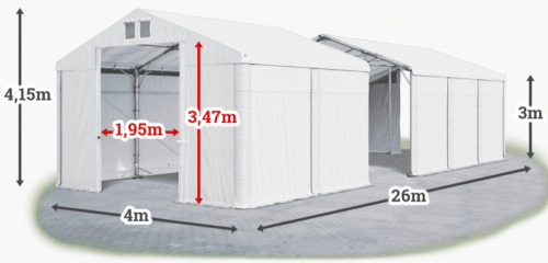 Skladový stan 4x26x3m strecha PVC 620g/m2 boky PVC 620g/m2 konštrukcia POLÁRNA