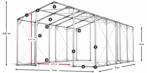 Skladový stan 5x9x4m střecha PVC 620g/m2 boky PVC 620g/m2 konstrukce POLÁRNÍ