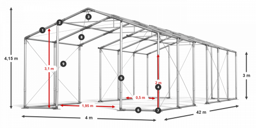 Skladový stan celoroční 4x42x3m nehořlavá plachta PVC 600g/m2 konstrukce ZIMA PLUS