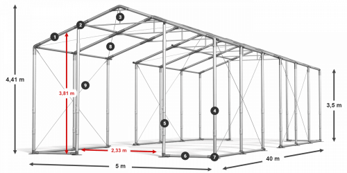 Párty stan 5x40x3,5m strecha PVC 620g/m2 boky PVC 620g/m2 konštrukcia ZIMA PLUS