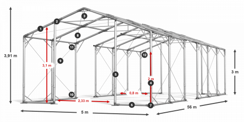 Skladový stan celoroční 5x56x3m nehořlavá plachta PVC 600g/m2 konstrukce POLÁRNÍ