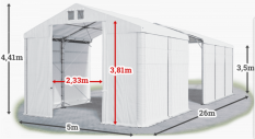 Skladový stan 5x26x3,5m střecha PVC 560g/m2 boky PVC 500g/m2 konstrukce POLÁRNÍ