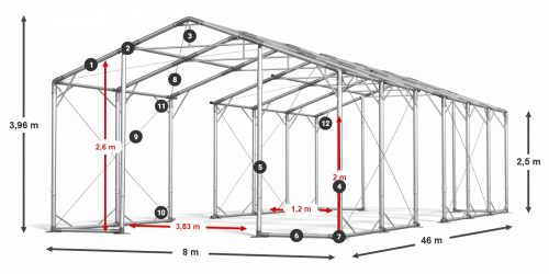 Skladový stan celoročný 8x46x2,5m nehorľavá plachta PVC 600g/m2 konštrukcia POLÁRNA