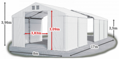 Skladový stan 8x17x2,5m střecha PVC 580g/m2 boky PVC 500g/m2 konstrukce ZIMA