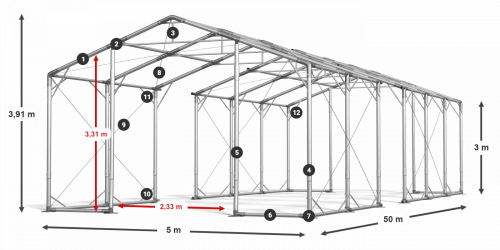 Skladový stan 5x50x3m strecha PVC 580g/m2 boky PVC 500g/m2 konštrukcia POLÁRNA