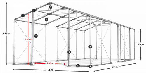 Párty stan 4x30x3,5m strecha PVC 560g/m2 boky PVC 500g/m2 konštrukcia ZIMA PLUS