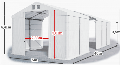 Skladový stan 5x40x3,5m střecha PVC 560g/m2 boky PVC 500g/m2 konstrukce POLÁRNÍ